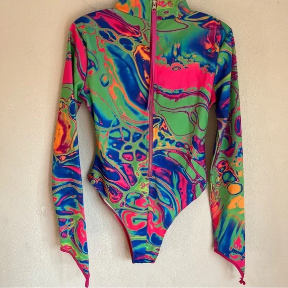 Dollskill Club Exx Acid Amoeba Neon Bodysuit Psychedelic Sz Medium - Picture 5 of 8